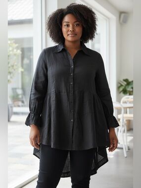 NWT April Cornell Linen Cotton Top Eyelet Ruffle Hi Low Modest Boho XL Lagenlook
